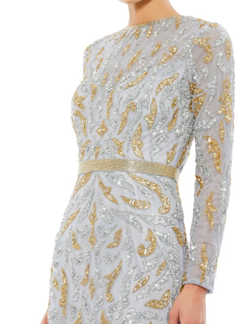 Mac Duggal Silver Dress with Gold & Silver Embellishments